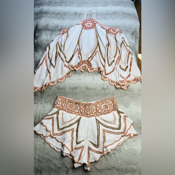 free people shorts set artisanally made white and tan size small - Picture 3 of 7